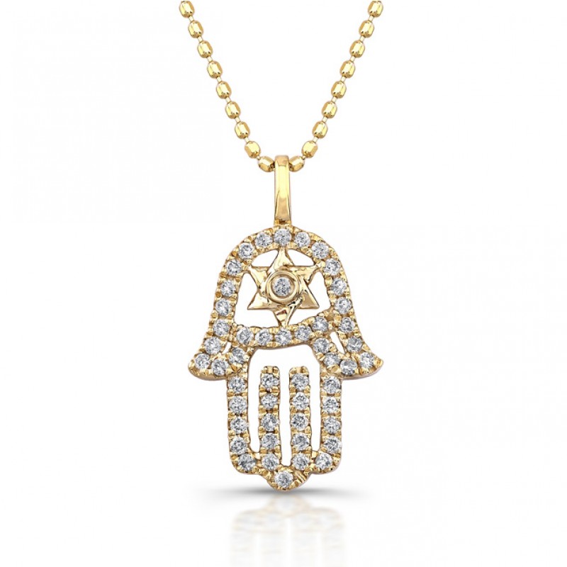 14k Yellow Gold Star of David Hamsa Pendant