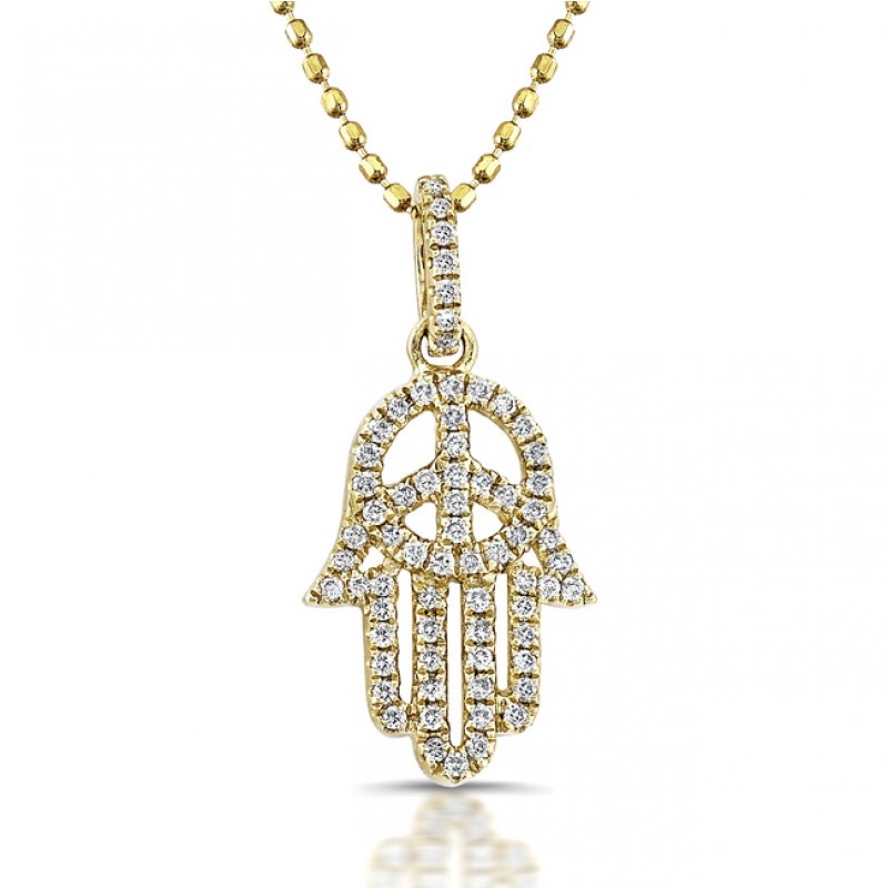 14k Yellow Gold Diamond Peace Hamsa Pendant
