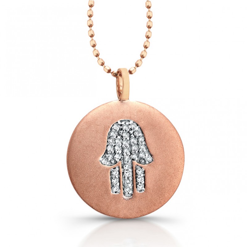 14k Rose Gold Diamond Hamsa Disk Pendant