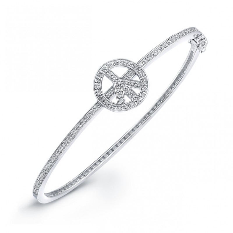 14k White Gold Diamond Peace Bangle