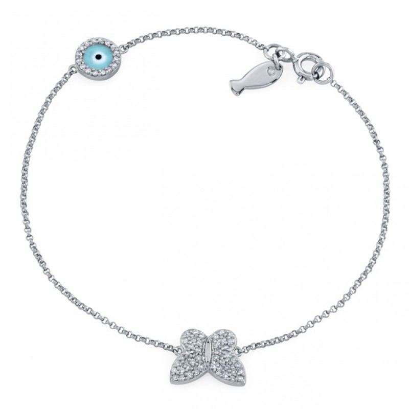 14k White Gold Butterfly Fish and Evil Eye Diamond Bracelet