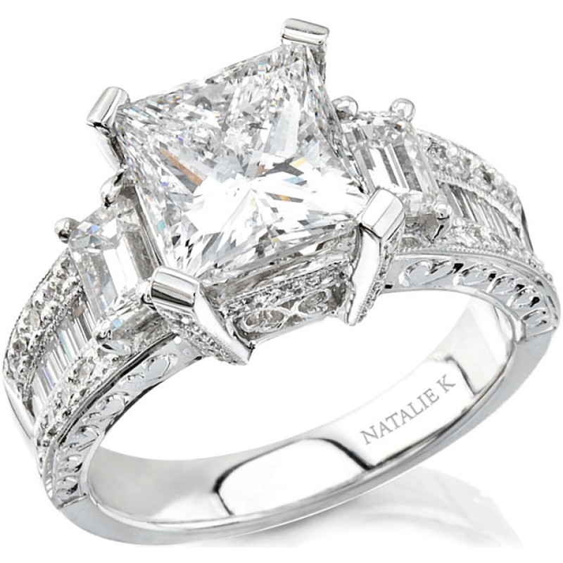 18k White Gold Three Stone Emerald Cut Diamond Semi Engagement Ring NK10139-W