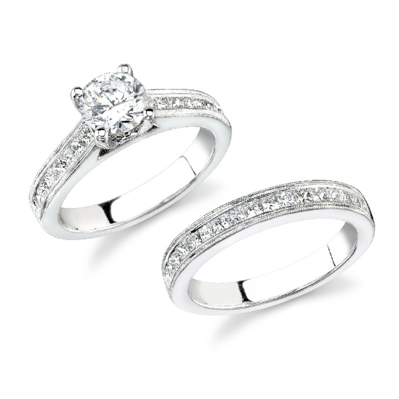 14k White Gold Finished Edge Channel Diamond Semi Mount Bridal Set