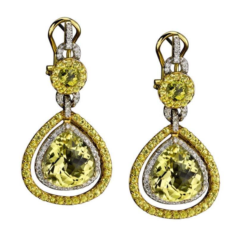 14k Yellow and White Gold Diamond, Lemon Quartz and Yellow Sapphire Earrings NK13420LQ-YW      