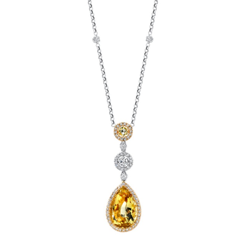 18k White and Yellow Gold Drop Lemon Quartz, Yellow Sapphire and Diamond Necklace NK14977LQ-WY