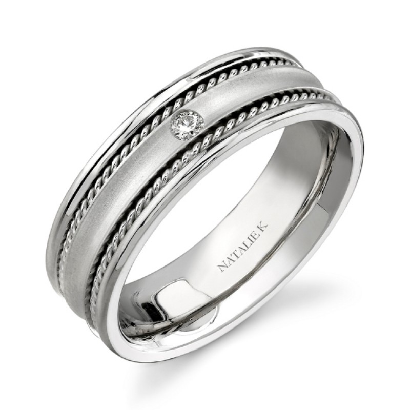 14k White Gold Bezel Rope Trim Diamond Men's Band - NK15380-W