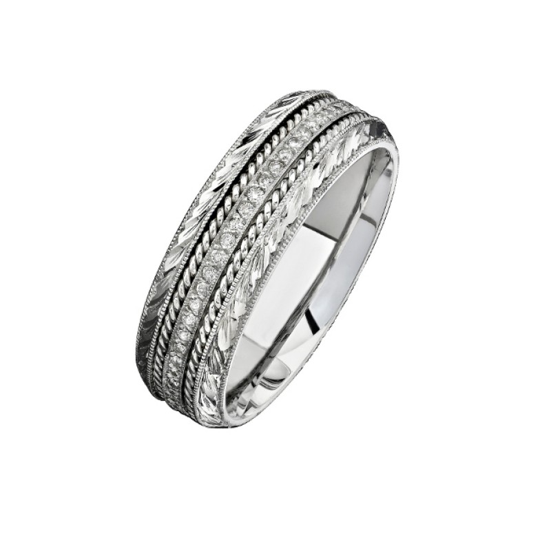 14k White Gold Detailed Pave Round Diamond Men's Band - NK15468-W