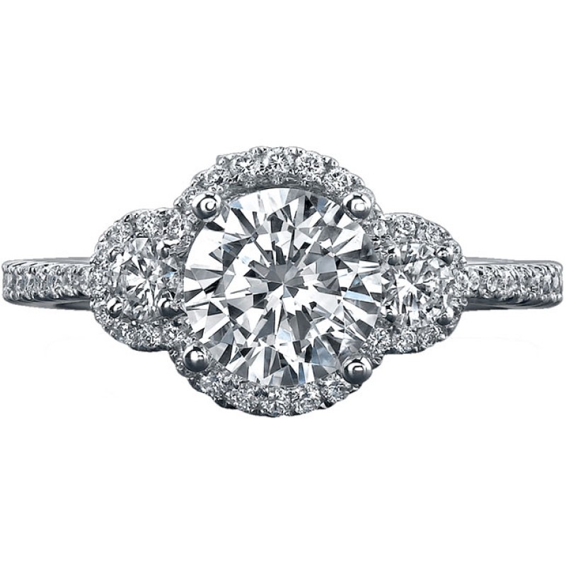 18k White Gold Three Stone Halo Diamond Engagement Semi Ring NK16963-W