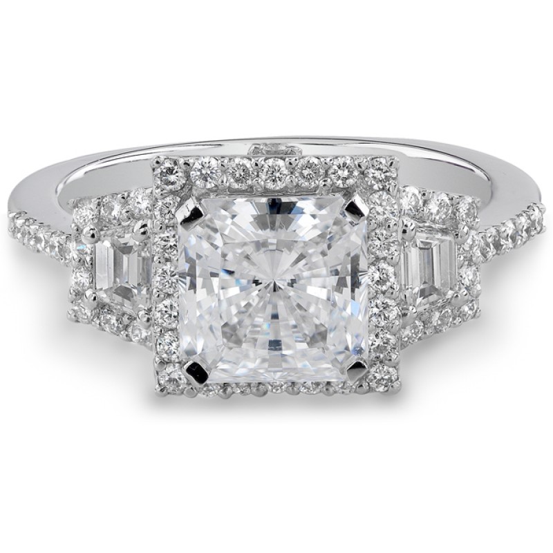 14k White Gold Emerald Cut Three Stone Diamond Engagement Ring NK17105-W