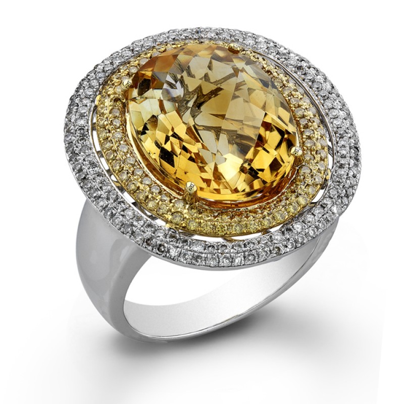 14k White Gold Citrine and Golden Diamond Halo Ring NK17634CT-W