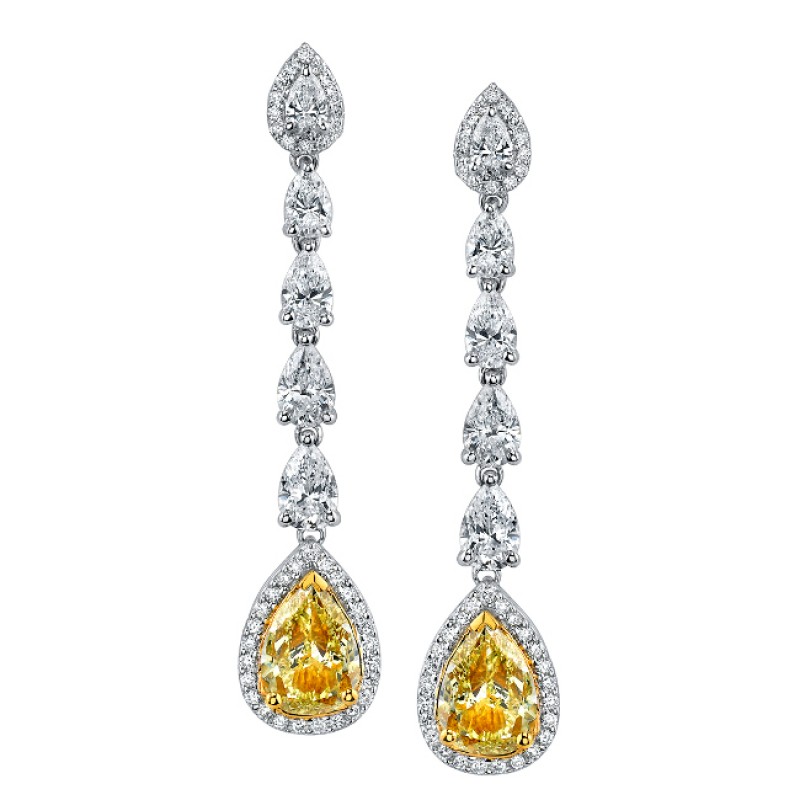 18k White and Yellow Gold Fancy Yellow Pear Shaped Diamond Earrings - NK18114FY-WY