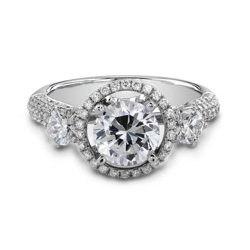18k White Gold Elegant Three Stone Halo Diamond Engagement Ring NK18727-W