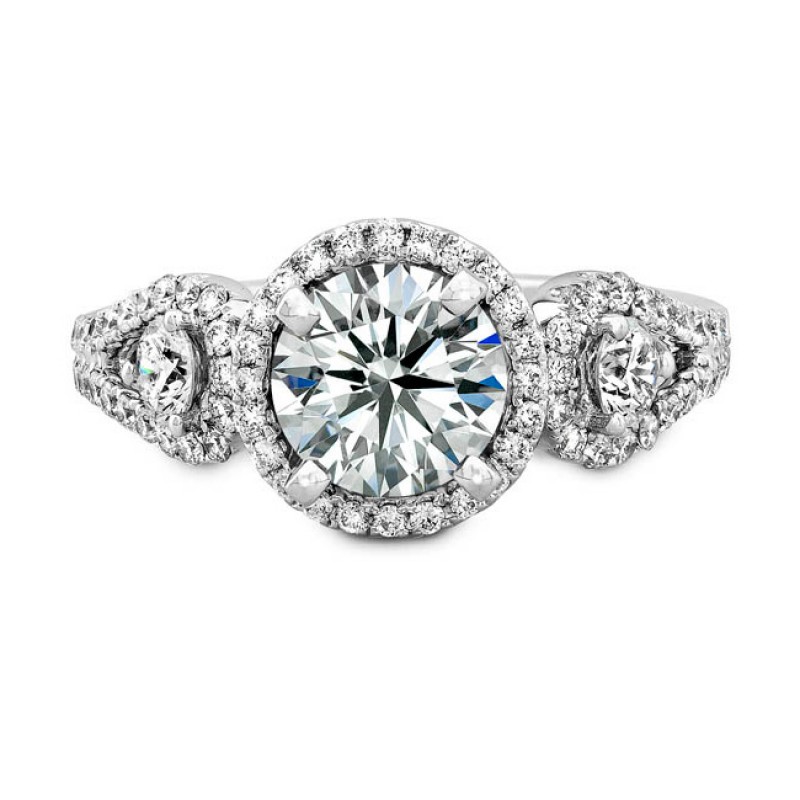 18k White Gold Halo Diamond Engagement Ring with Side Stones NK18728-W