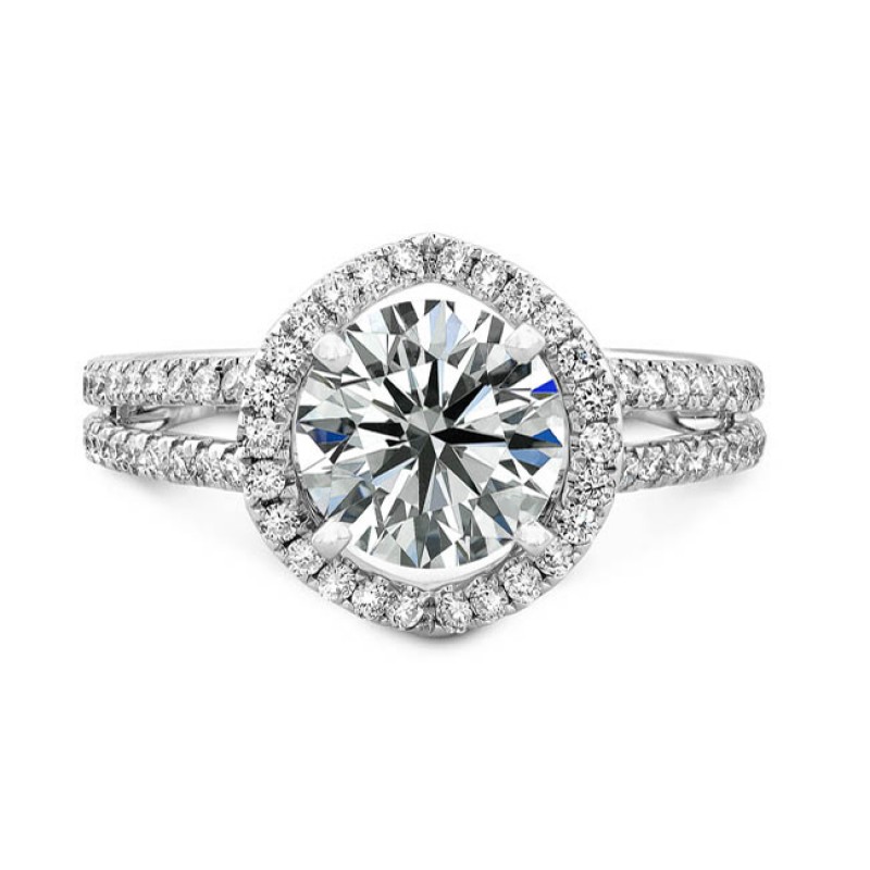 18k White Gold Micro Pave Halo Diamond Engagement Ring with Split Shank