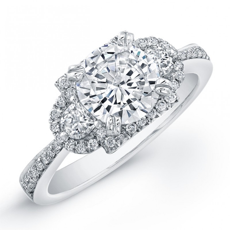 18k White Gold Halo Three Stone Diamond Semi Engagement Ring NK18855-W