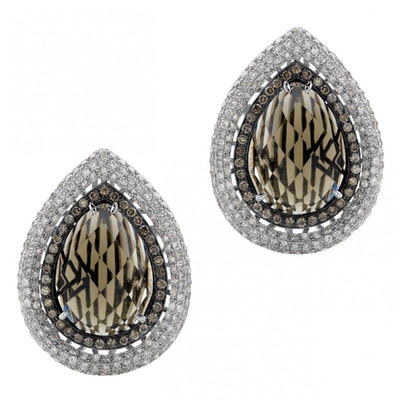 14k White Gold Smokey Quartz Brown Diamond Earrings NK18974SQ-W 