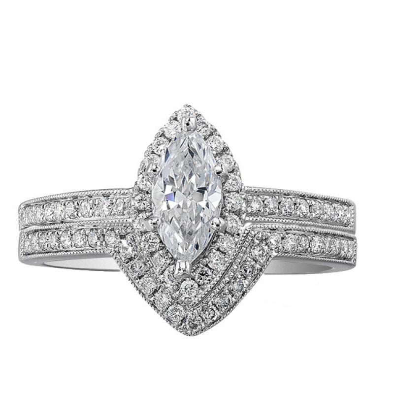 14k White Gold Marquise Halo Diamond Semi Mount Ring Bridal Set NK19372WE-W