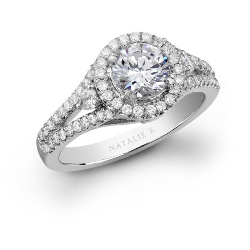 18k White Gold Three Stone Halo Diamond Engagement Ring