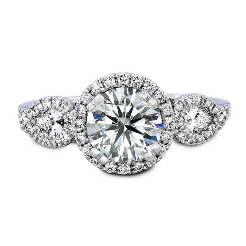 18k White Gold Three Stone Halo Diamond Bridal Ring Set NK19485WE-W