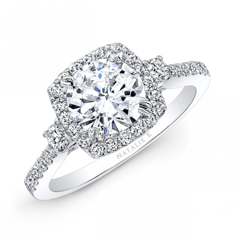 14k Diamond Halo Three Stone Diamond Engagement Ring 