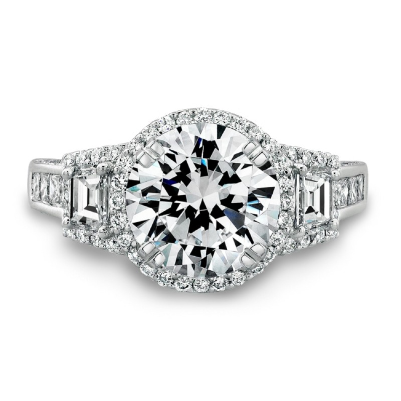 18k White Gold Halo Diamond Princess Cut and Baguette Engagement Ring NK19562-W