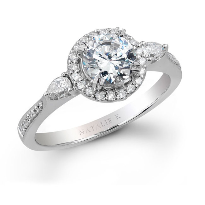 18k White Gold Pear Shaped Side Stone Diamond Halo Engagement Ring 
