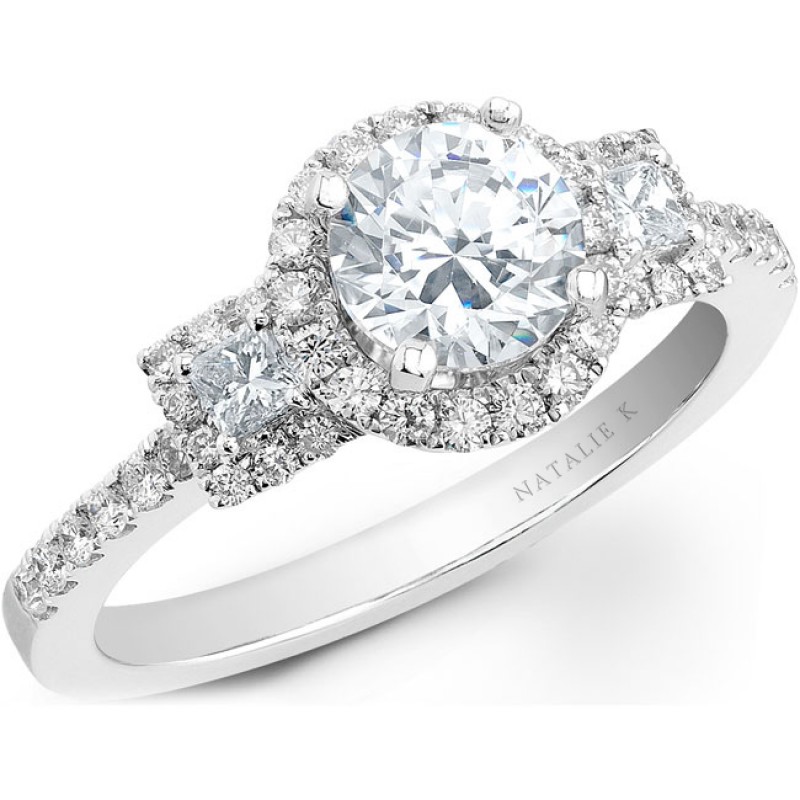 14k White Gold Three Stone Princess Cut Halo Diamond Engagement Semi Mount Ring NK20512ENG-W