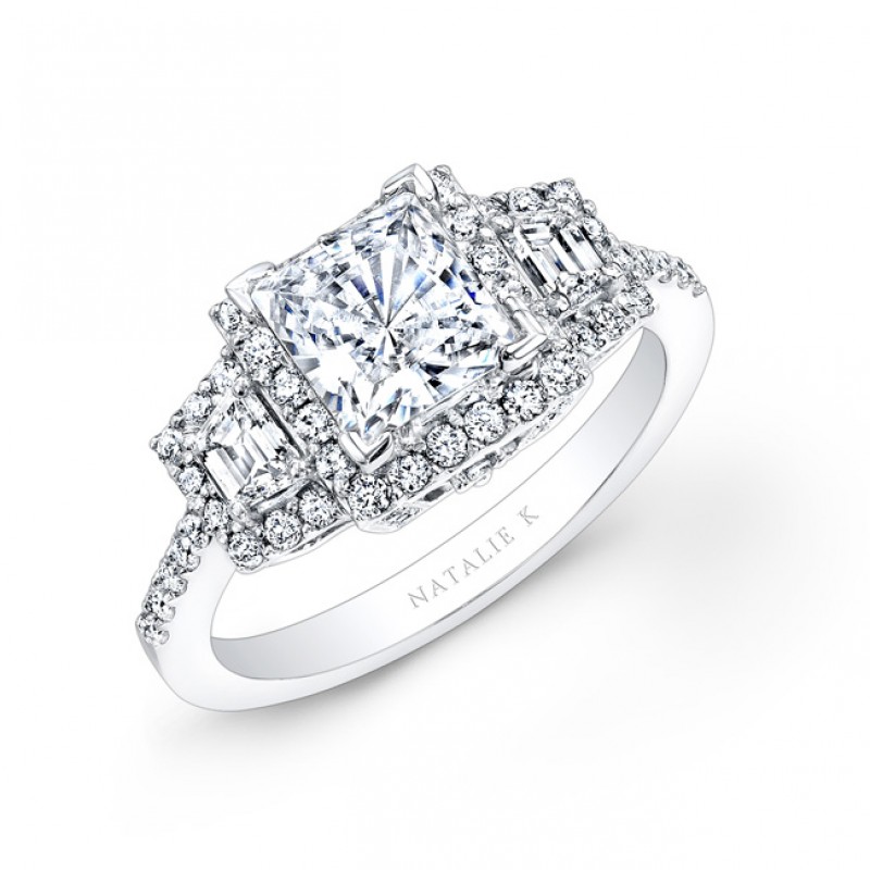14k White Gold Princess Cut Diamond Engagement Ring with Trapezoid Side Stones NK20623-W