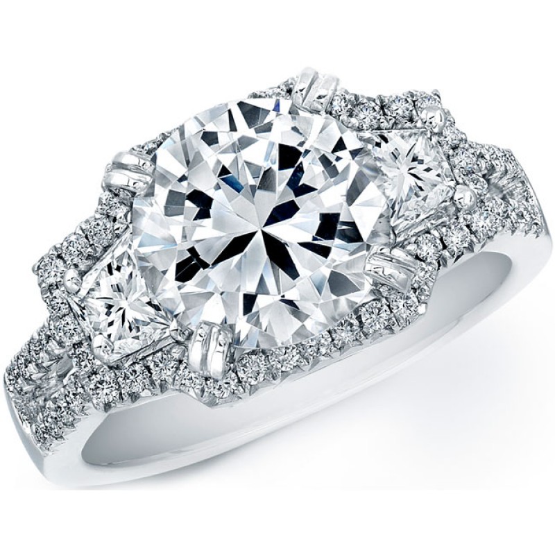 14k White Gold Three Stone Trapezoid Diamond Halo Engagement Semi Mount Ring NK22293-W