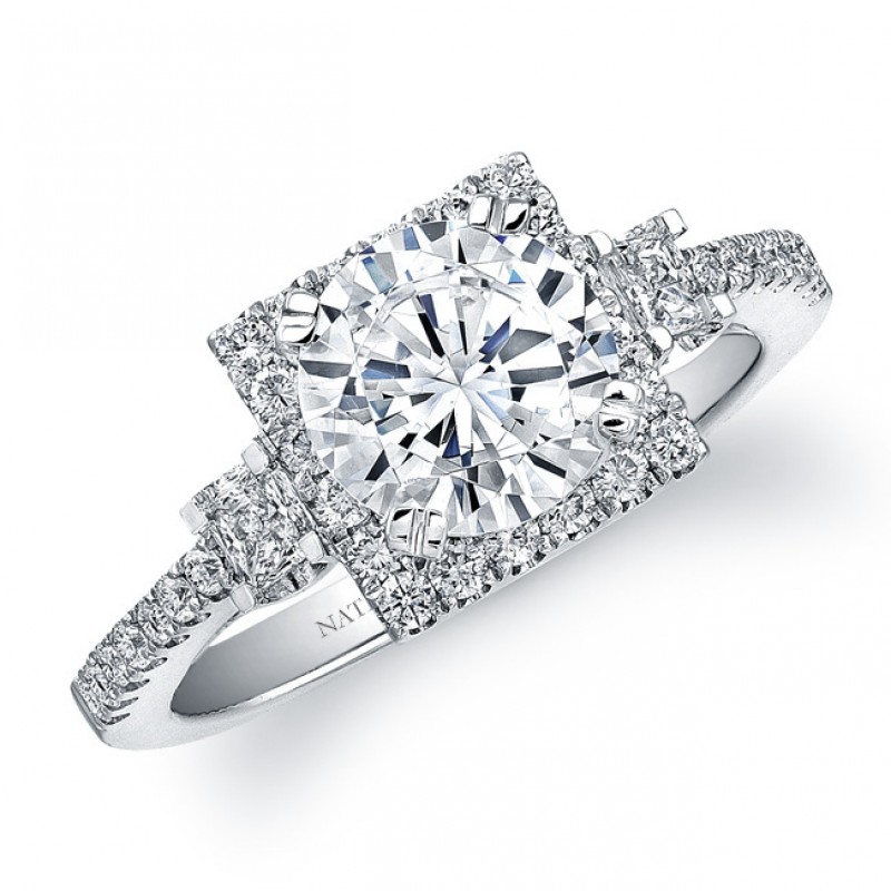 14k White Gold Three Stone Diamond Halo Engagement Ring - NK22925-W