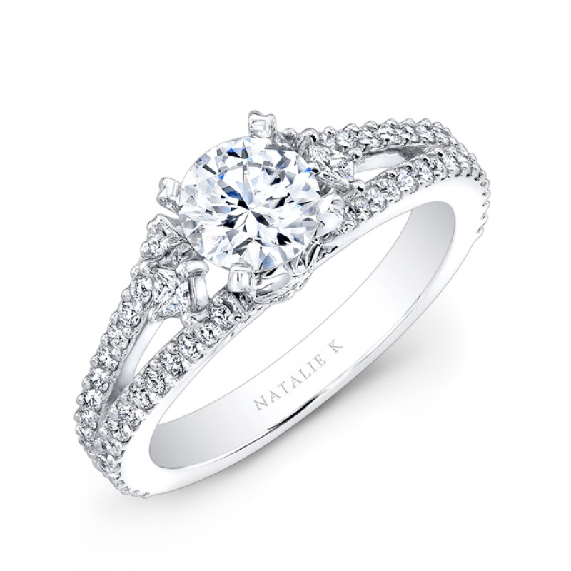 18k White Gold Split Shank Pave Diamond Semi Mount Engagement Ring with Side Trapezoid Diamonds NK23