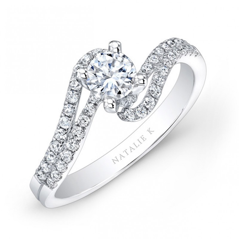 14k White Gold Split Swirl Shank Prong Diamond Engagement Ring