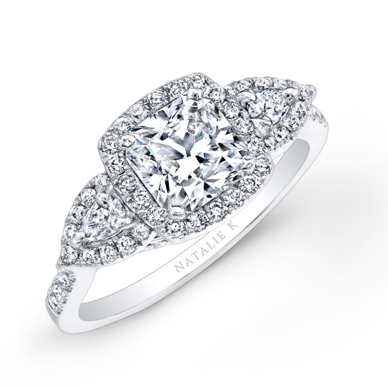 14k White Gold Halo Diamond Engagement Ring with Pear Shaped Side Stones NK25804-W