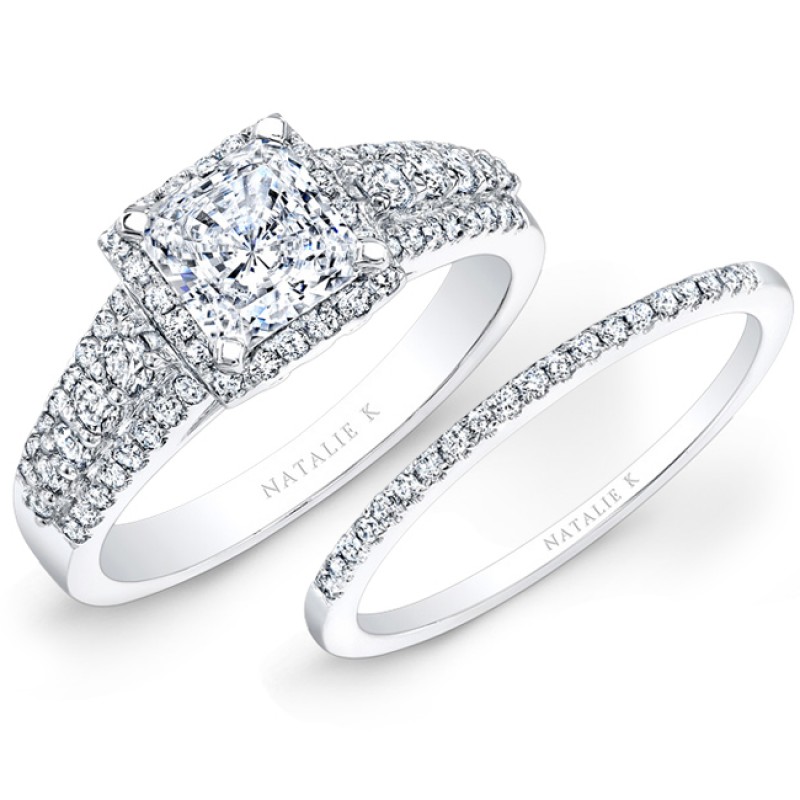 14k White Gold Square Halo Three Row Diamond Bridal Set