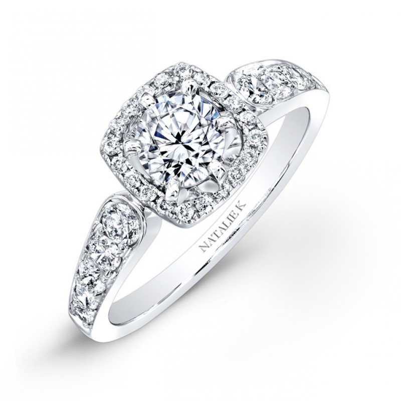 18k White Gold Pave Square Halo Diamond Engagement Ring