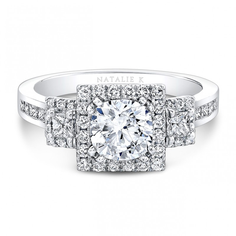 18k White Gold Square Halo Three Stone Engagement Ring
