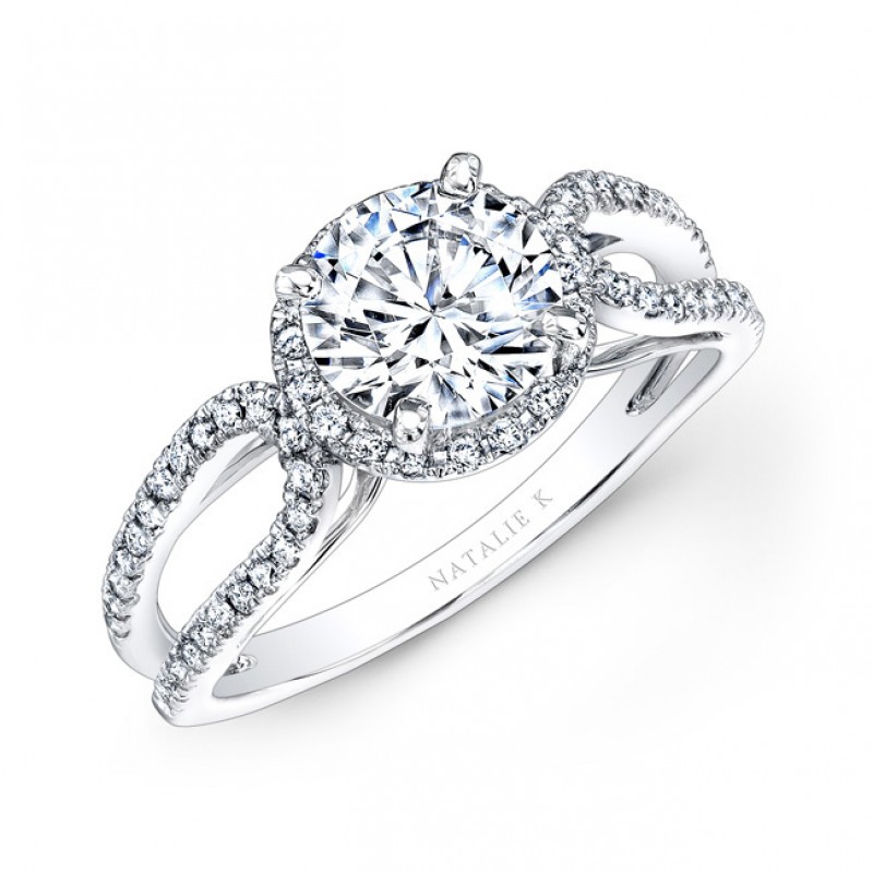 14k White Gold Split Shank Halo Diamond Engagement Ring