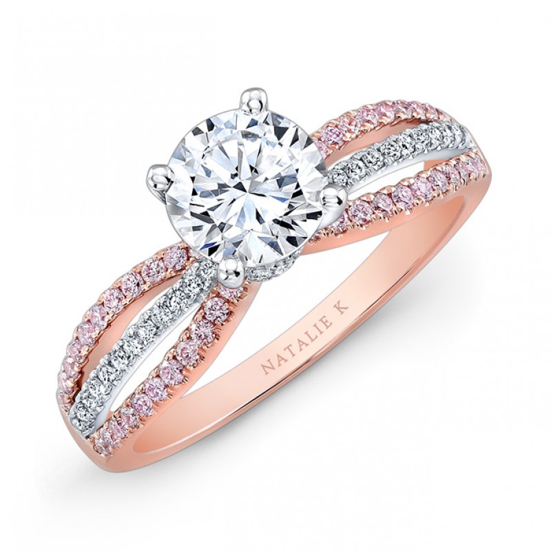 18k Rose and White Gold Pink and White Diamond Split-Shank Diamond Engagement Ring