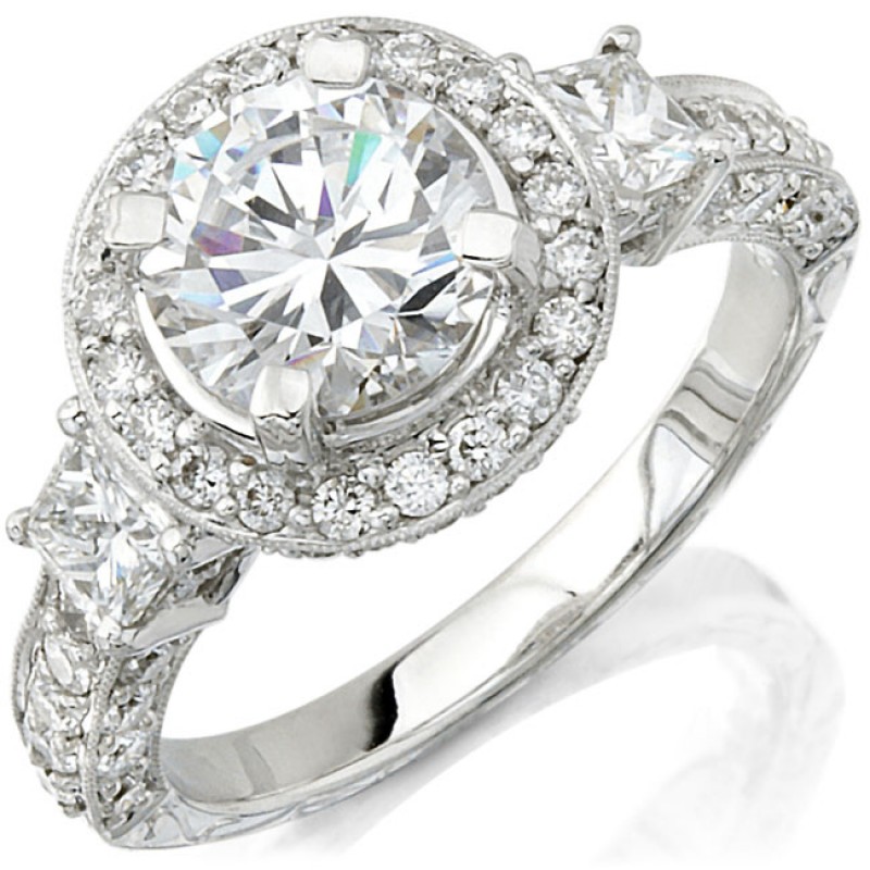 18k White Gold Three Stone Diamond Vintage Engagement Ring NK8779-W