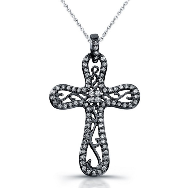 Black Sterling Silver Vintage Diamond Cross Pendant