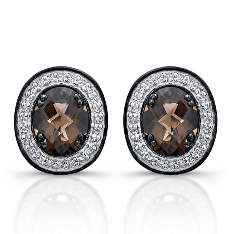Black Sterling Silver Diamond Smokey Quartz Earrings