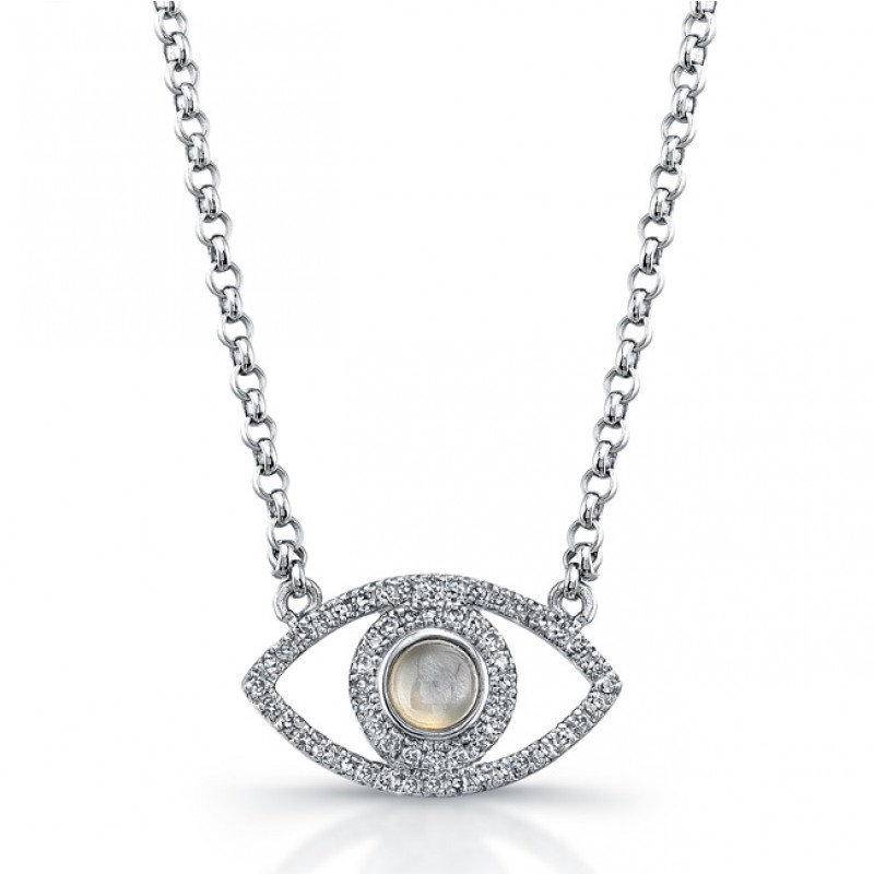 Sterling Silver Diamond and Moonstone Evil Eye Necklace