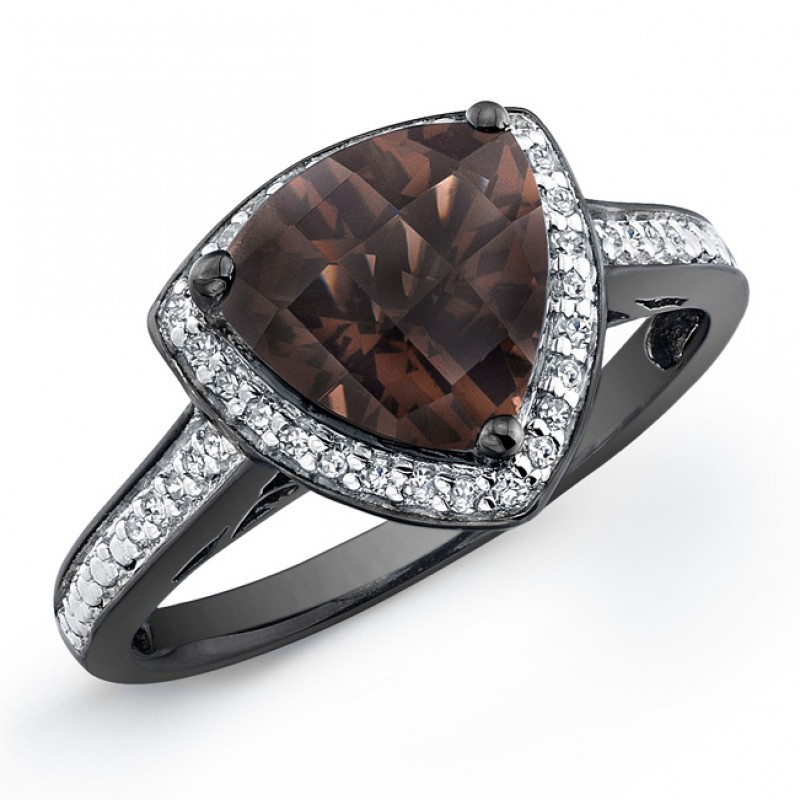 Black Sterling Silver Smokey Quartz Diamond Halo Ring