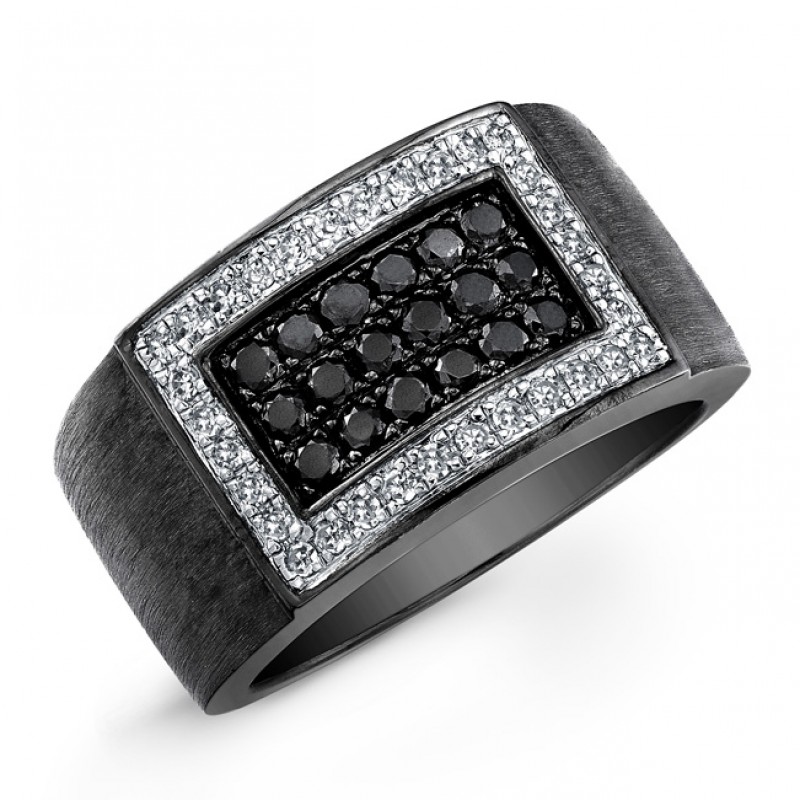 Black Sterling Silver Black and White Diamond Mens Ring
