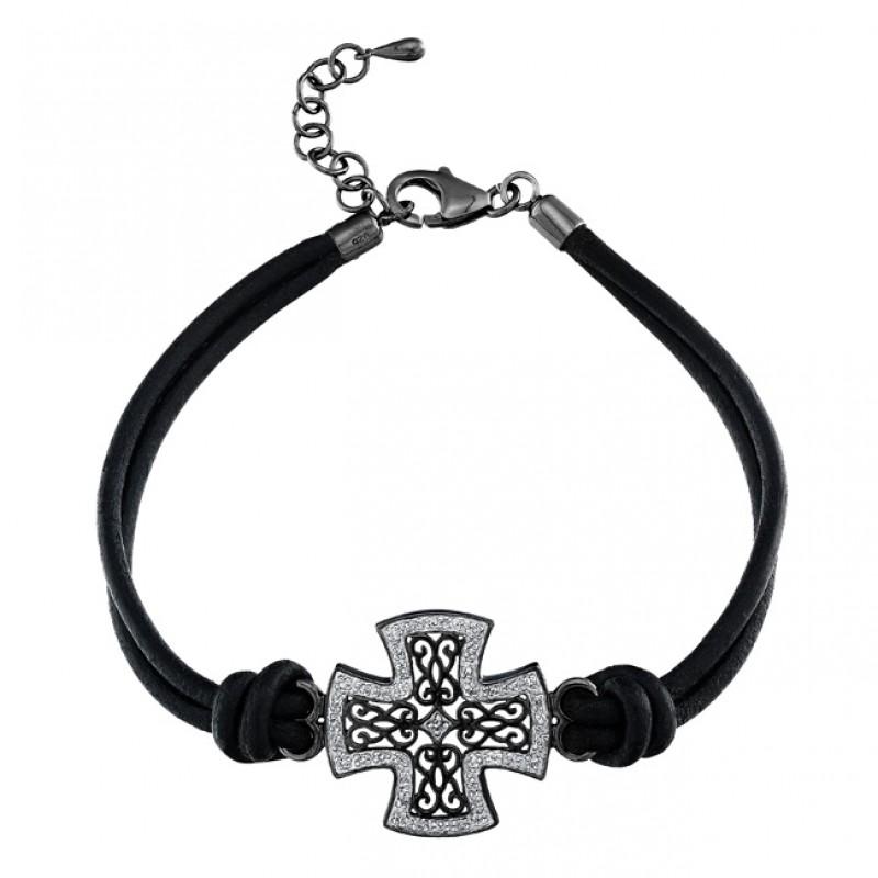 Black Sterling Silver Diamond Cross Leather Bracelet
