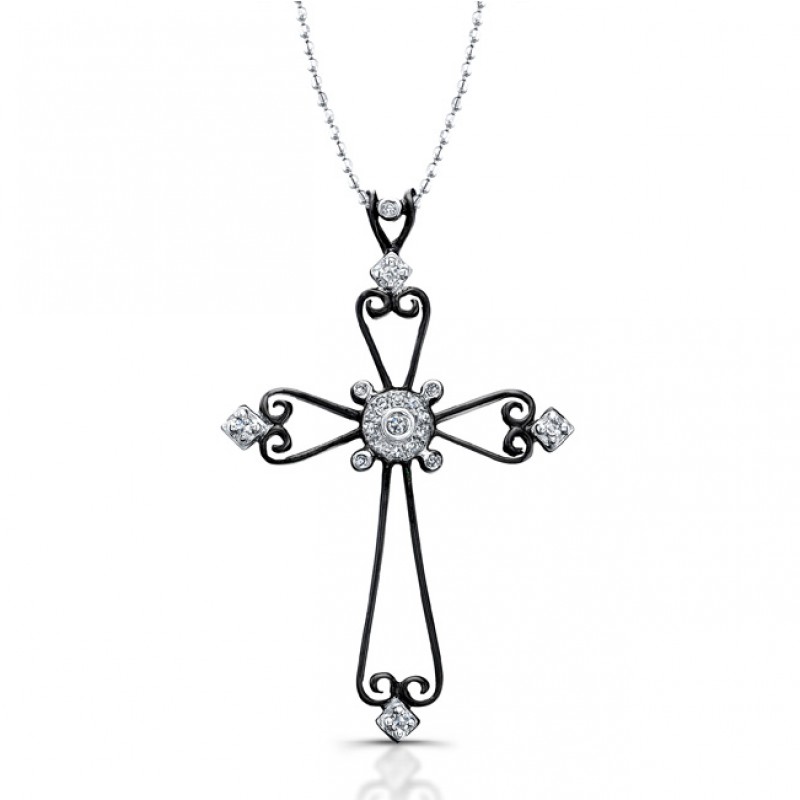 Black Sterling Silver Diamond Cross Pendant