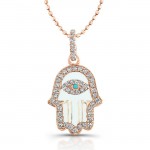 14k Rose Gold Diamond White Enamel Hamsa Pendant