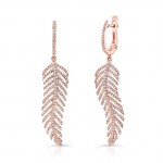 14k Rose Gold White Diamond Feather Drop Earrings