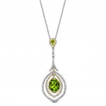 14k White and Yellow Gold Peridot Diamond Halo  Drop Necklace NK19511P-WY