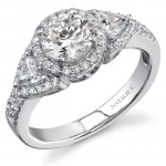 14K White Gold Three Stone Halo Diamond Engagement Ring NK16498-W